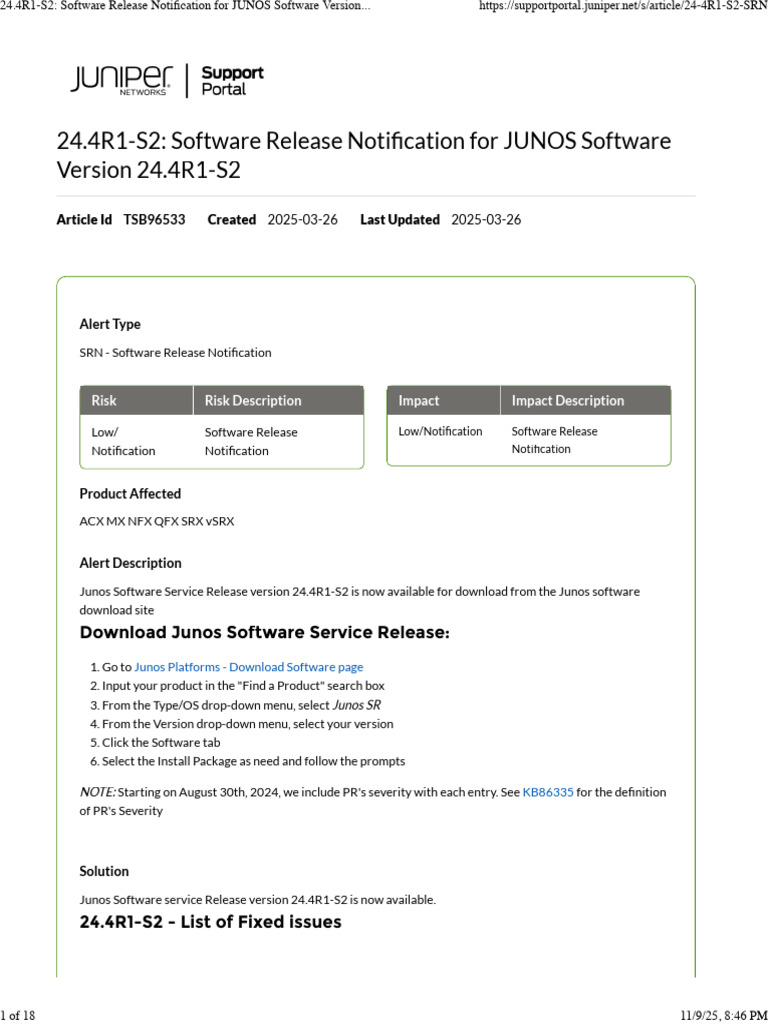 JUNOS Software Release 24.4R1-S2 Notification | PDF | Ip Address | Port ...