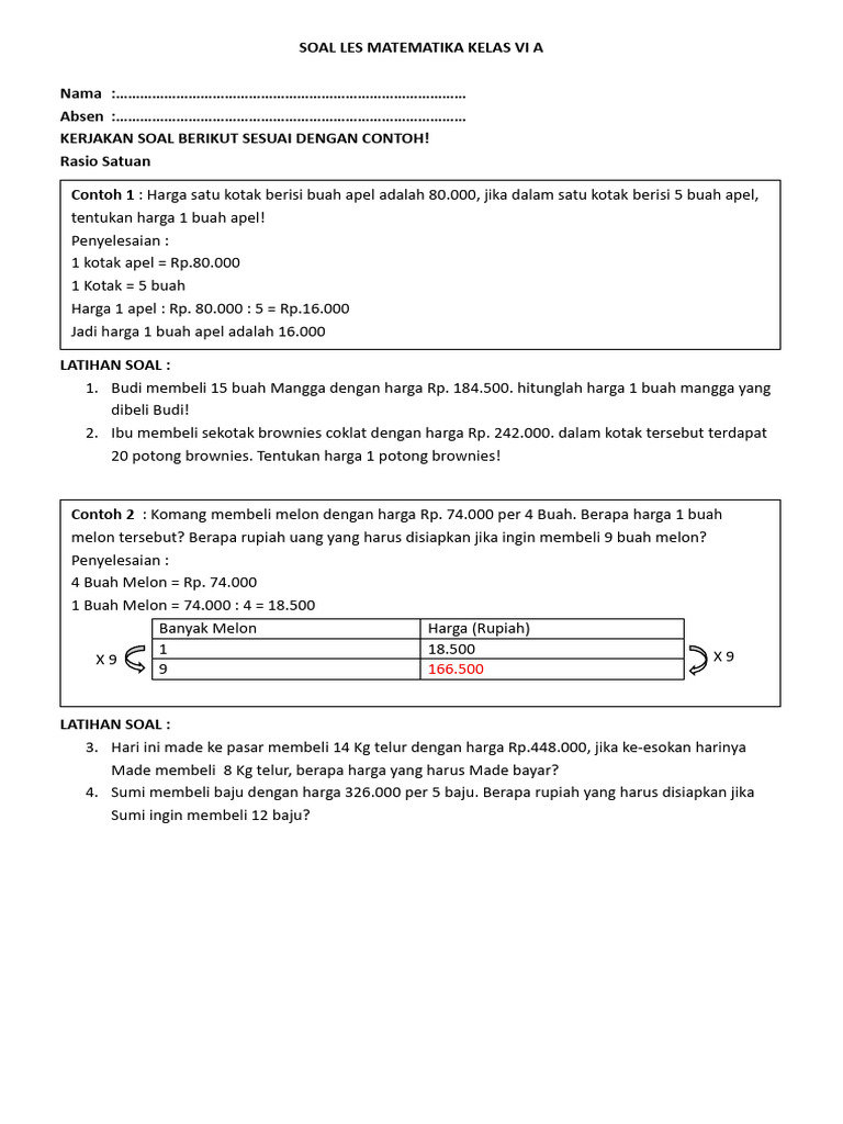 Soal Matematika Kelas VI: Rasio Satuan | PDF