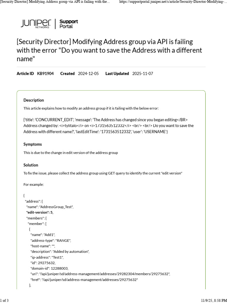 (Security Director) Modifying Address Group Via API Is Failing With The ...