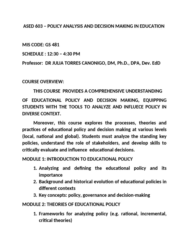 Educational Policy Analysis Course Overview | PDF | Policy | Education ...