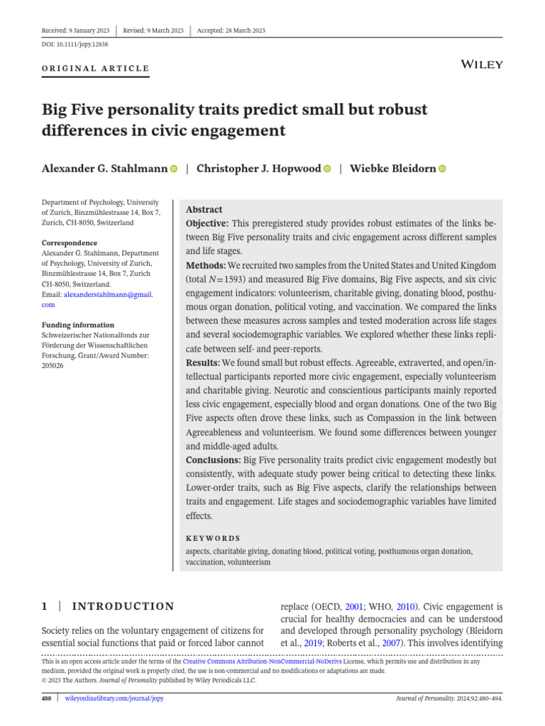 Big Five Traits and Civic Engagement | PDF | Psychological Theories ...