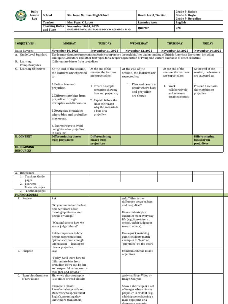 Grade 9 English Lesson on Bias and Prejudice | PDF | Bias | Prejudices