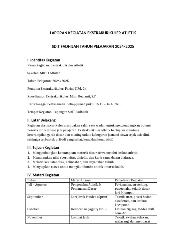Ekstrakurikuler Atletik SDIT Fadhilah 2024/2025 | PDF