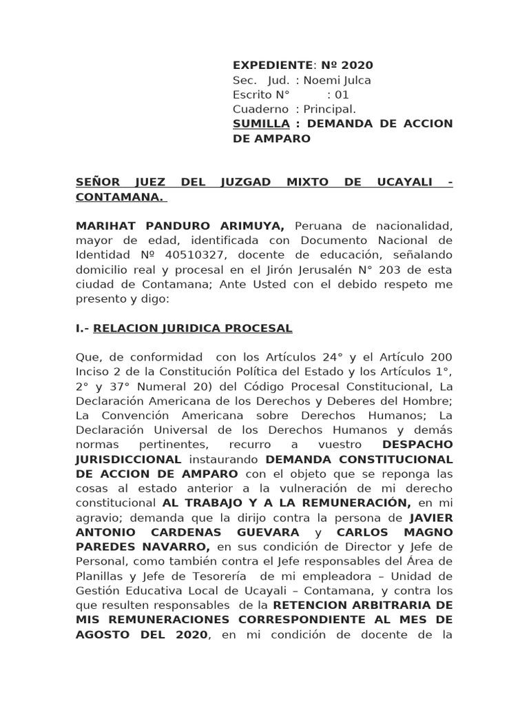 Demanda de Amparo por Retención Salarial | PDF | Derecho Constitucional ...