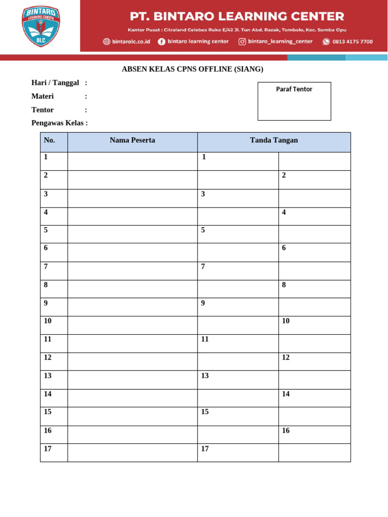 Absen Kelas CPNS Offline Siang & Sore | PDF