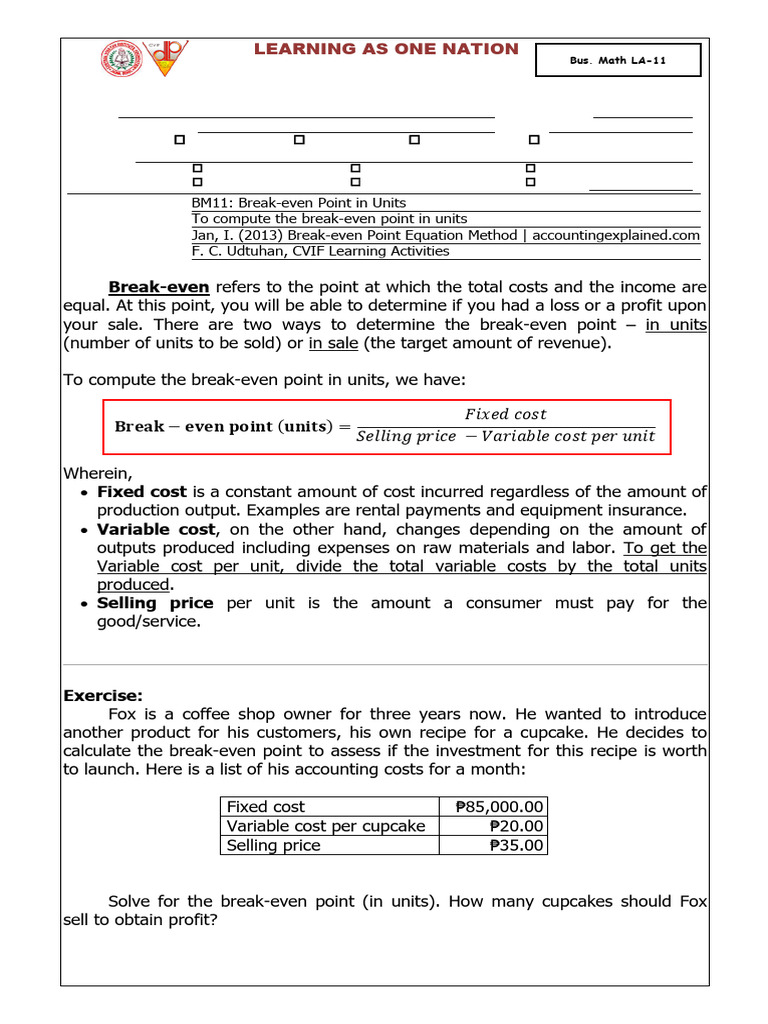BusMath LAS 11 Break-Even Point in Units | PDF | Cost | Profit (Economics)