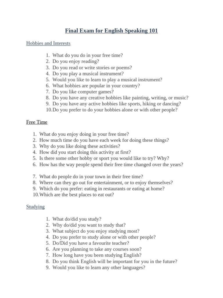 English Speaking 101 Exam Guide | PDF