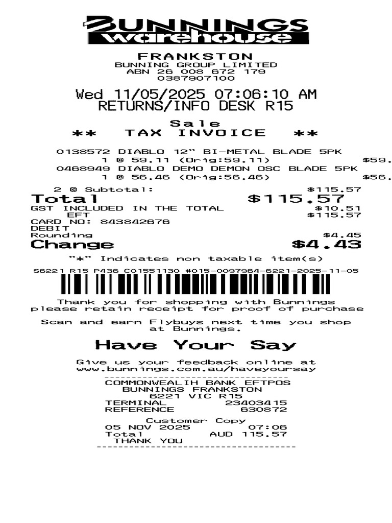 Bunnings Receipt Invoice Number Location | PDF