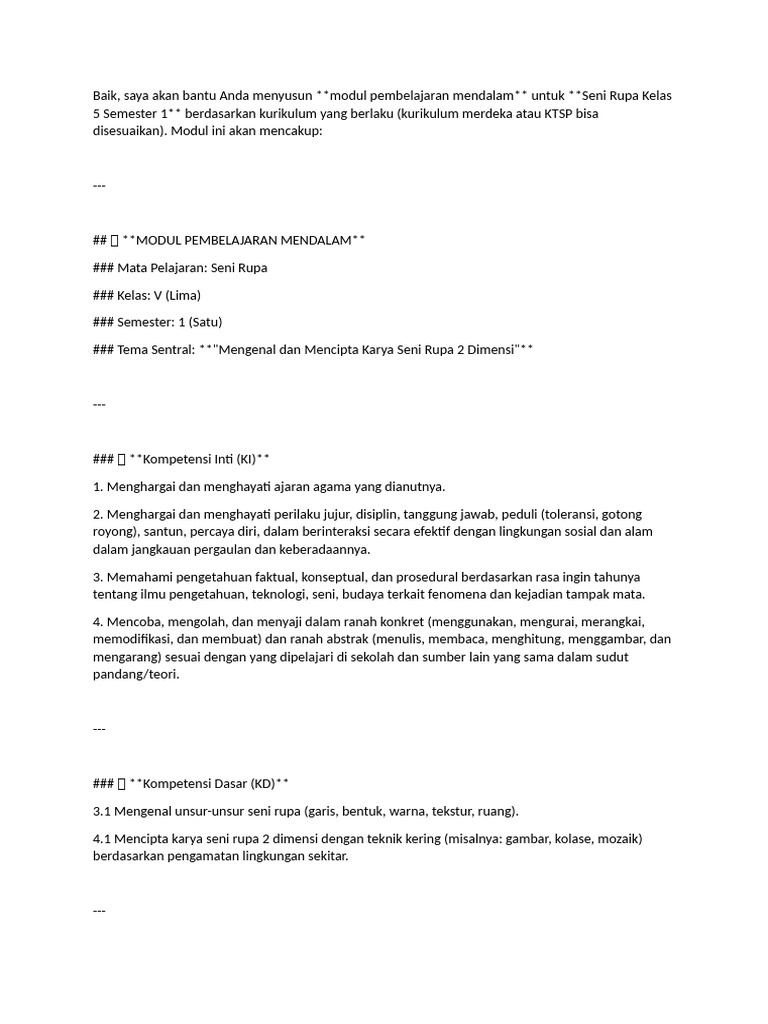 Modul Seni Rupa Kelas 5 Semester 1 | PDF