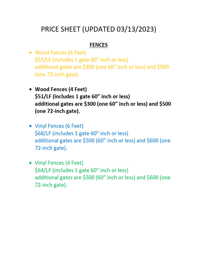 Price Sheet | PDF
