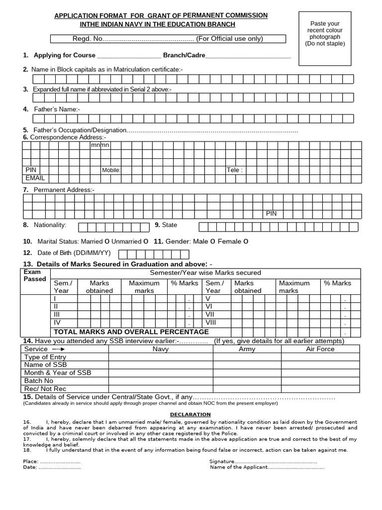 Indian Navy Permanent Commission Application | PDF