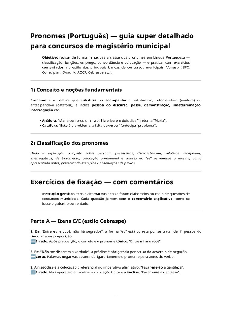 Guia Completo de Pronomes em Português | PDF | Pronome | Assunto ...