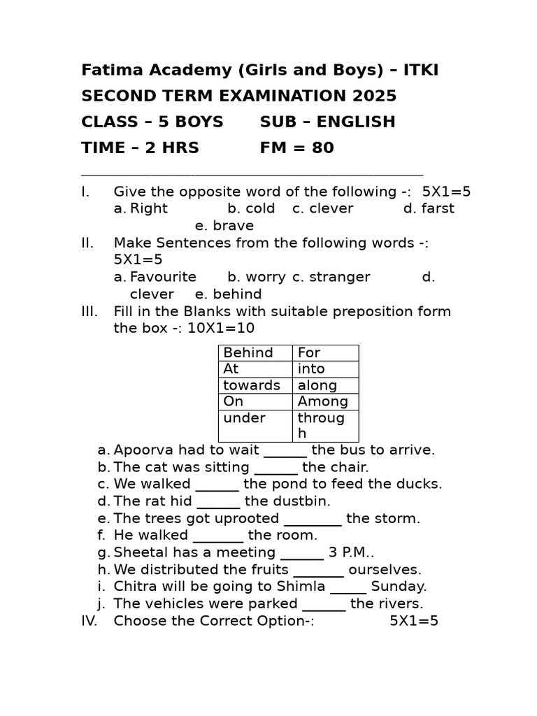 Class 5 English Exam Paper 2025 | PDF
