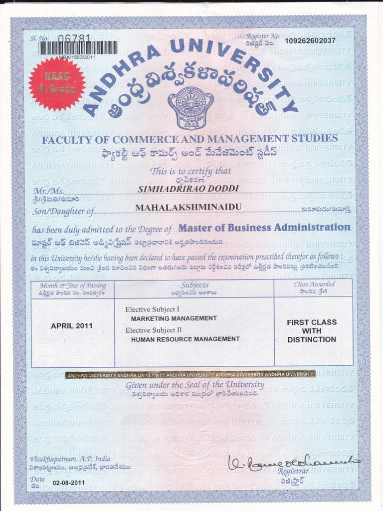 MBA Degree Certification for Simhadri Rao | PDF
