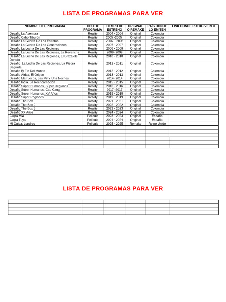 Programas y Películas para Ver | PDF | Competencia | Eventos de ...