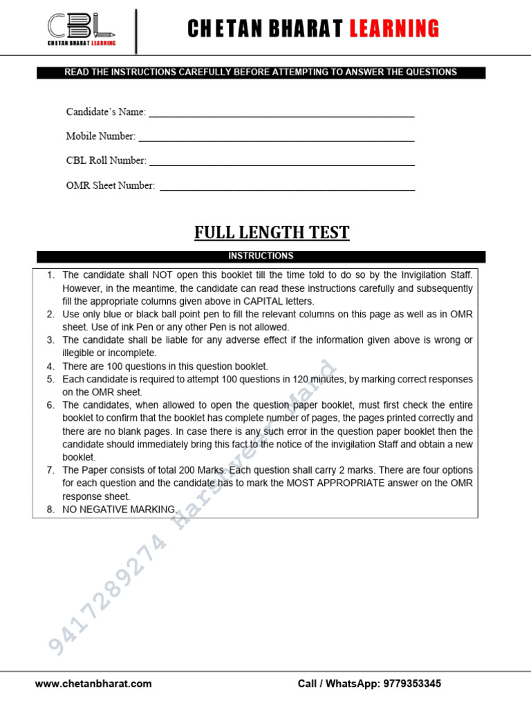 Full Length Test Instructions and Questions | PDF | Stars