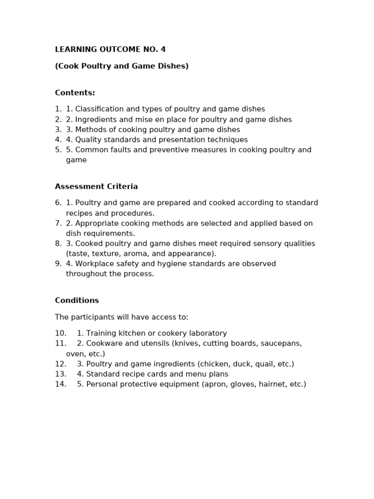 Learning Outcome 4 Cook Poultry and Game Dishes | PDF