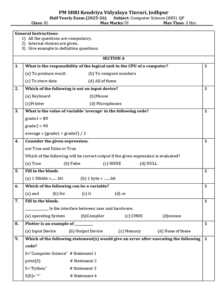 Computer Science Half Yearly Exam QP | PDF | Input/Output | Central ...