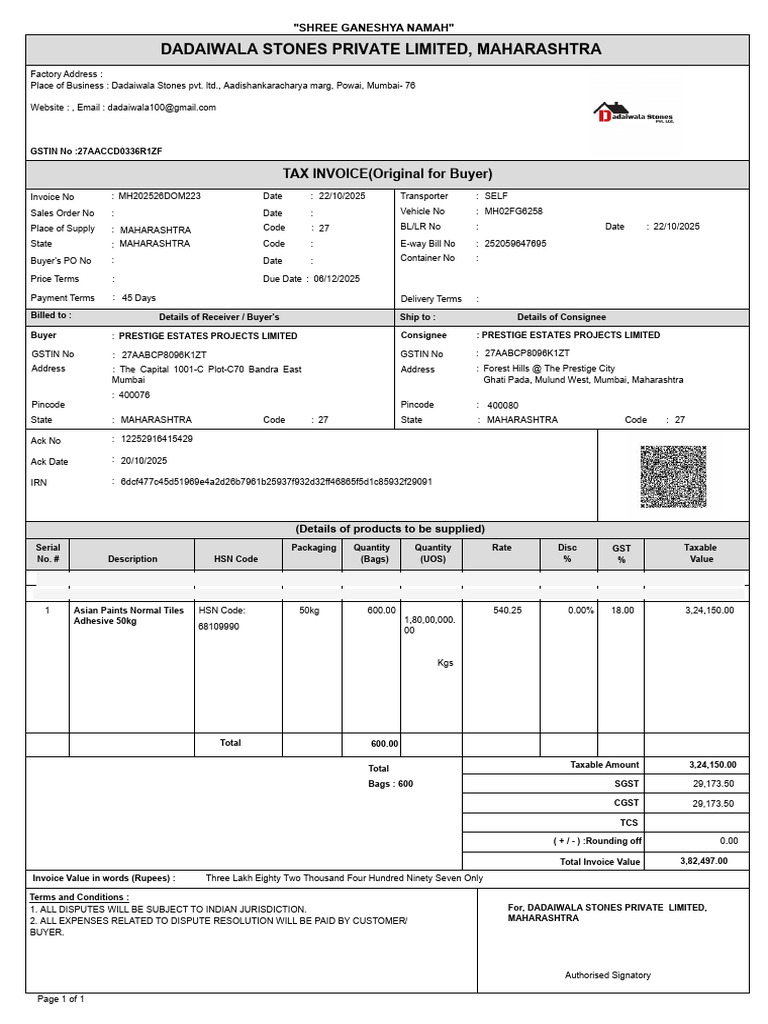 Tax Invoice for Dadaiwala Stones Pvt. Ltd. | PDF | Invoice | Public Finance