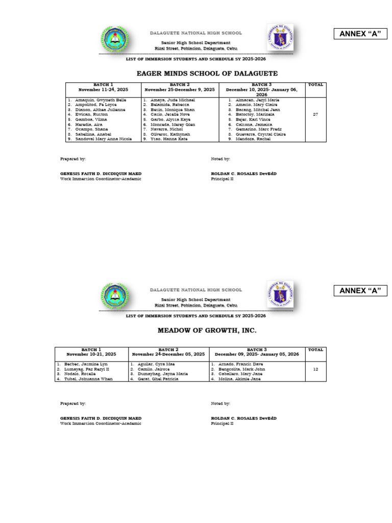 Humss Immersion Schedule | PDF