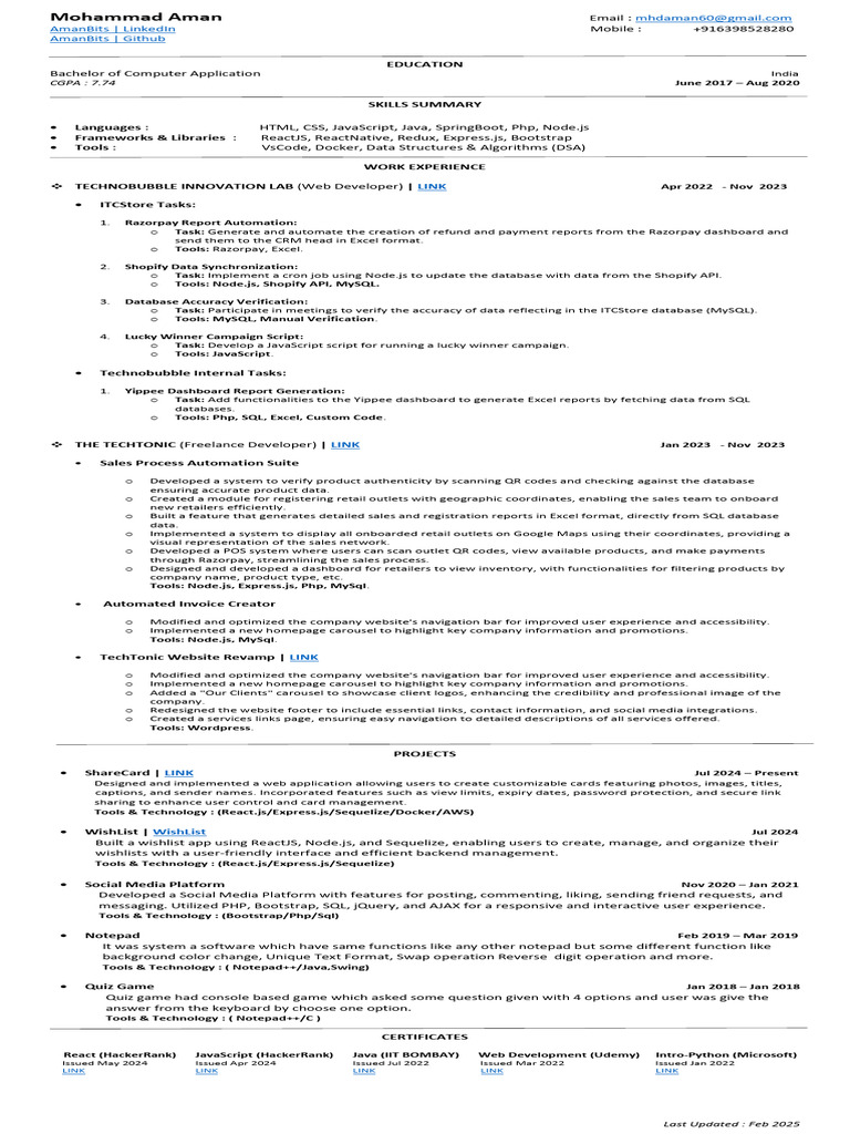 MohdAman CV 1 | PDF | Java Script | My Sql