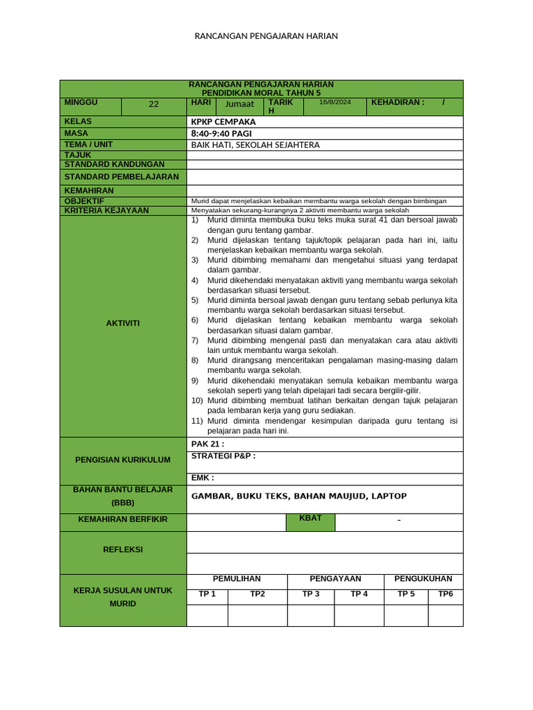 RPH Moral Cempaka Unit 8 | PDF