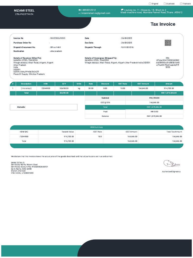 Nizami Steel Tax Invoice INV/25-26/0010 | PDF | Invoice | Accounting