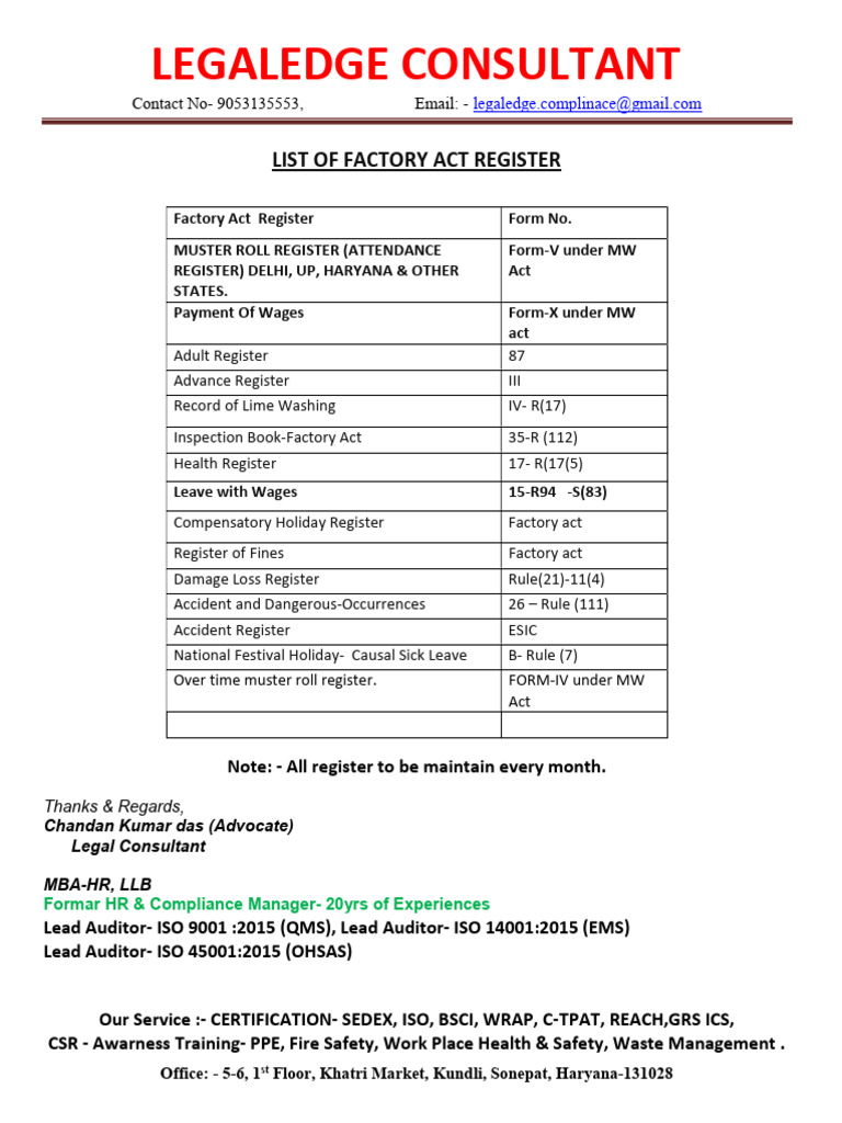 Factory Act Register Details. | PDF