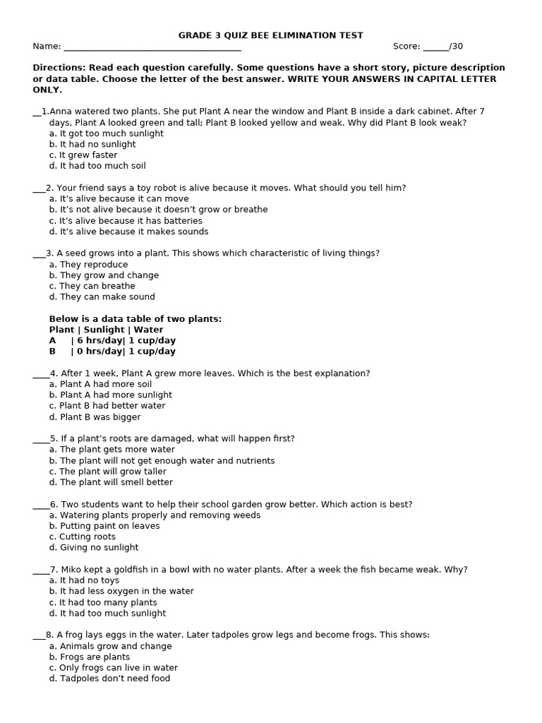 Grade3 Science PISA Test | PDF | Water | Plants