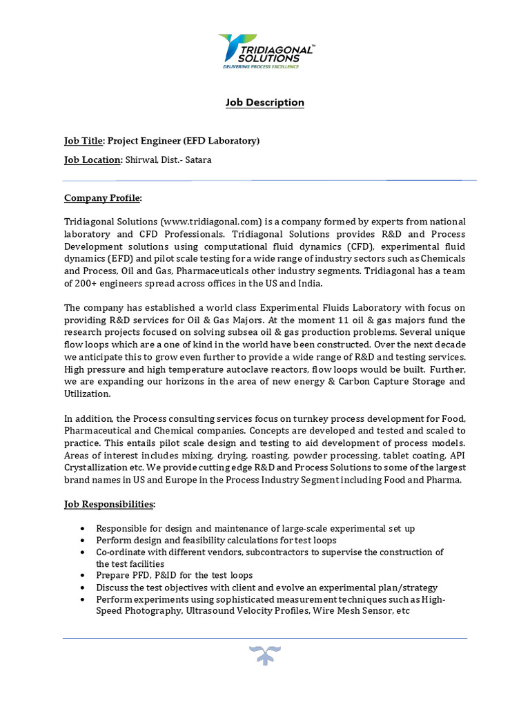 JD - Project Engineer1 - EFD Laboratory - Fresher | PDF | Experiment ...