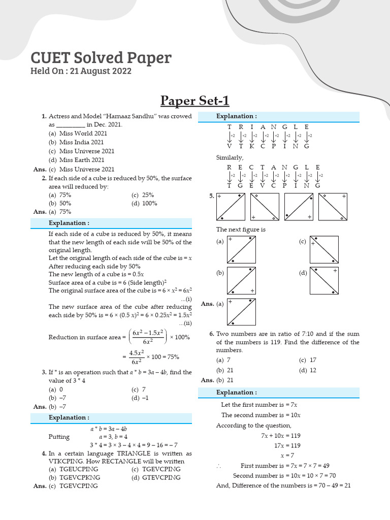 CUET 2022 Solved Paper Analysis | PDF | Area