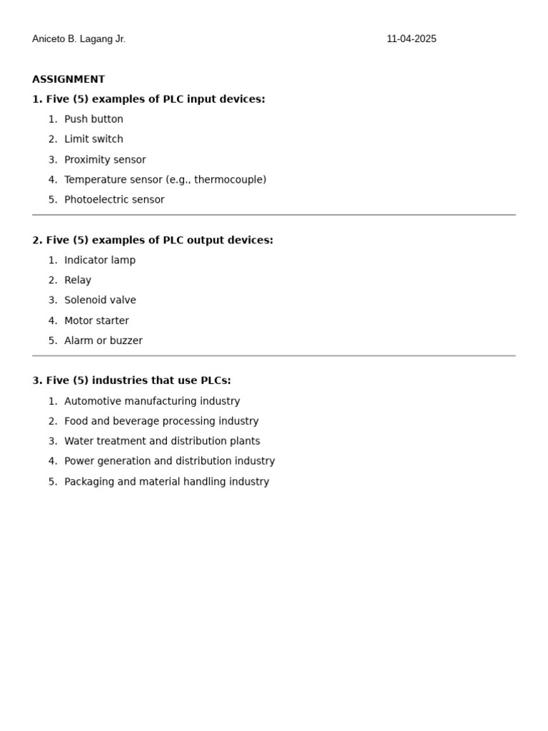 Assignment 1. Five (5) Examples of PLC Input Devices:: Aniceto B ...