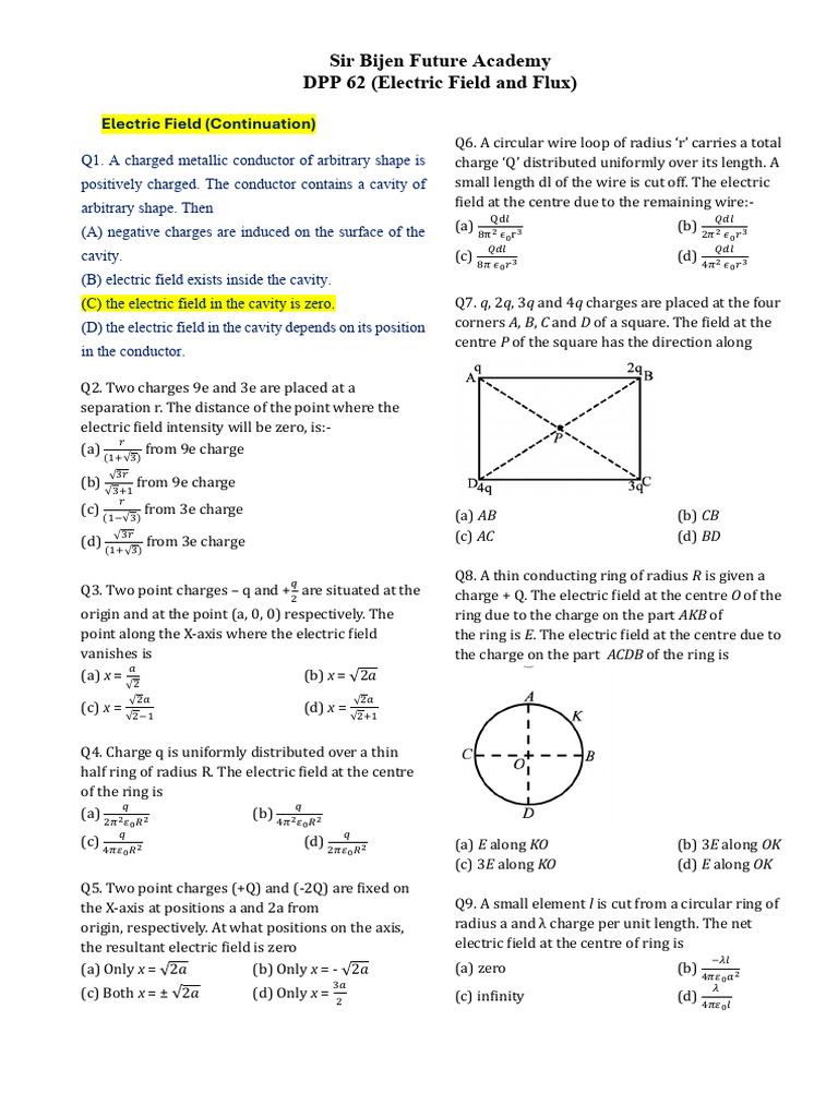 DPP 62 - Electrostatics (Electric Field & Flux) | PDF | Electric Field ...