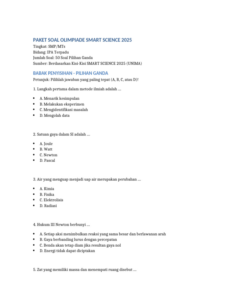 Soal Olimpiade Smart Science 2025 | PDF