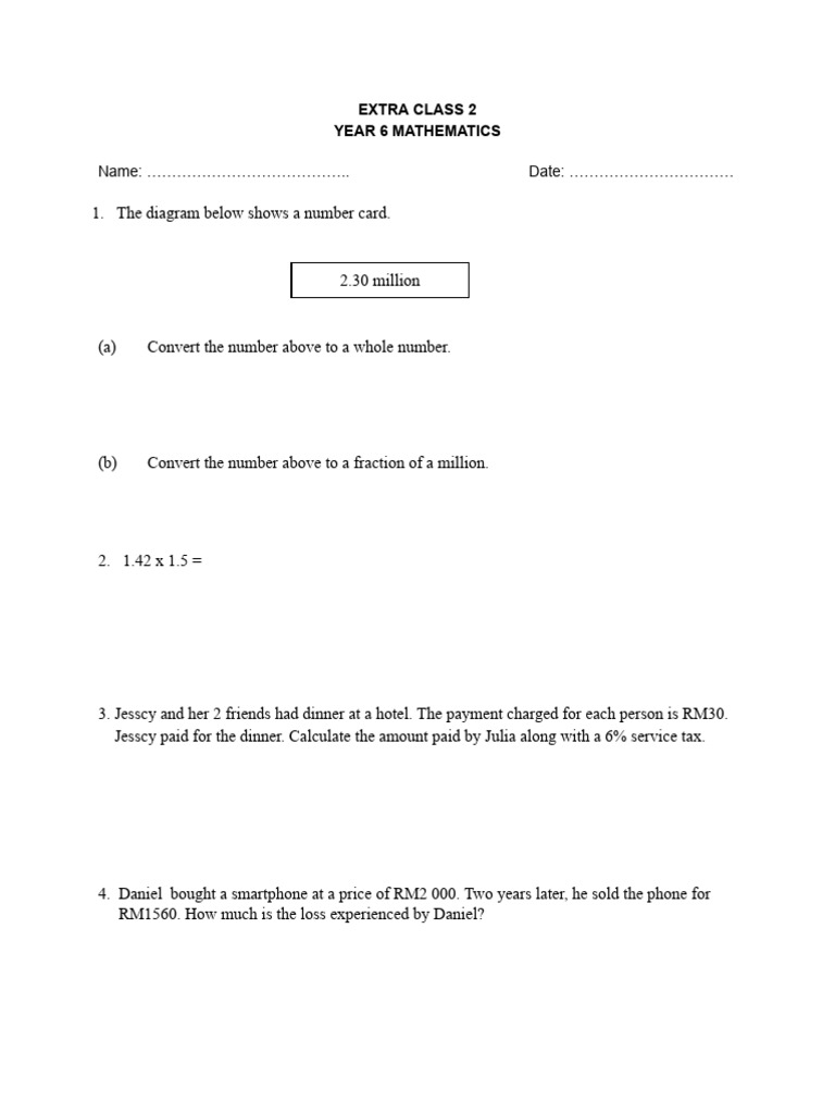 Year 6 Mathematics Extra Class Exercises | PDF