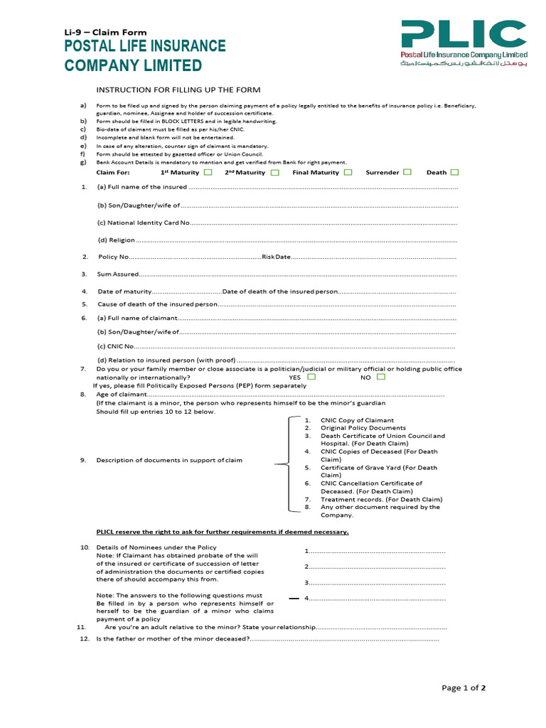 Postal Life Insurance Claim Form | PDF