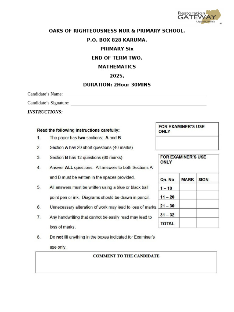 Primary Six Mathematics Exam 2025 | PDF