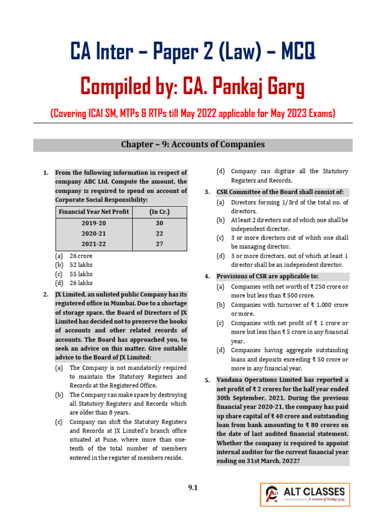 CA Inter Law MCQs for May 2023 Exams | PDF | Corporate Social ...