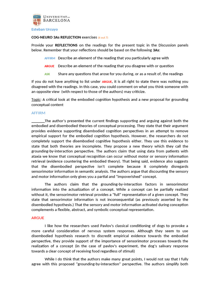 Cog Neuro Reflection 1 | PDF | Concept | Embodied Cognition