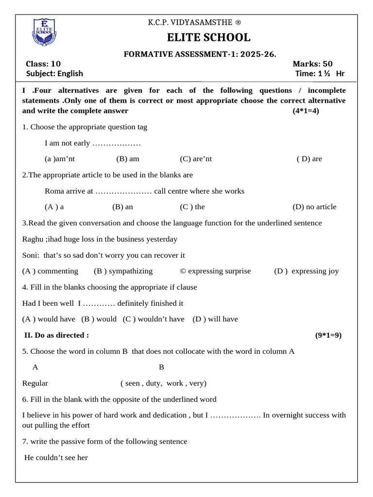 Class 10 English Formative Assessment 2025-26 | PDF | Linguistics | Grammar