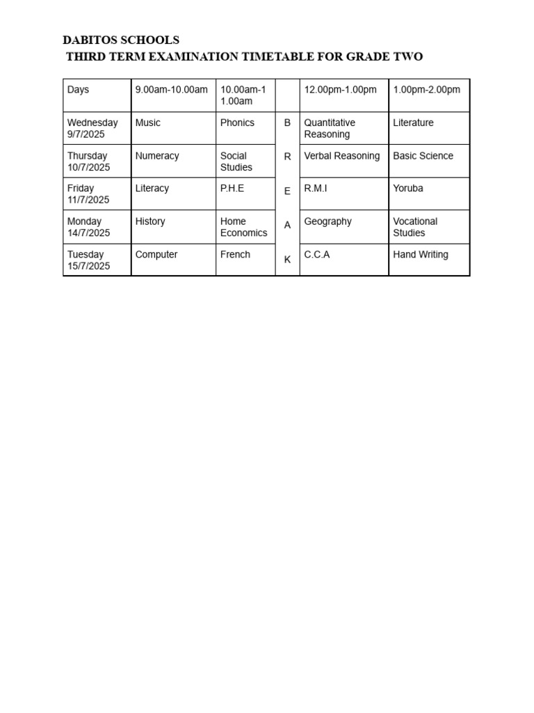 Grade Two Exam Timetable 2025 | PDF