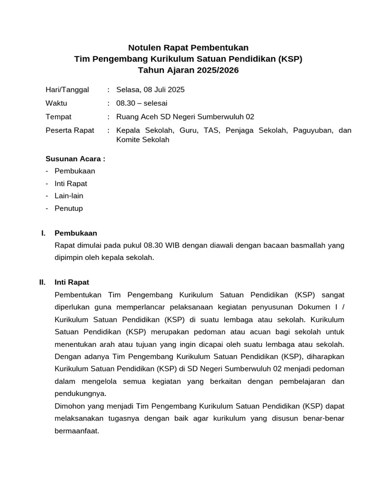 Notulen Rapat Tim Kurikulum KSP 2025 | PDF