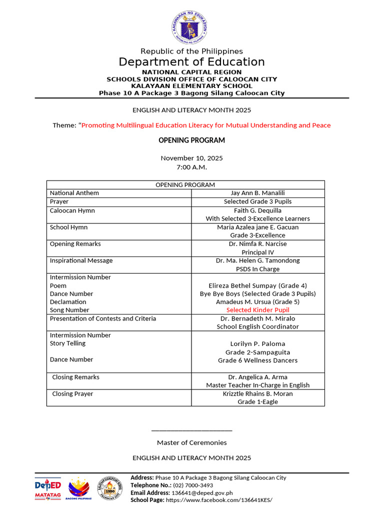 Kalayaan Elementary School Literacy Events | PDF