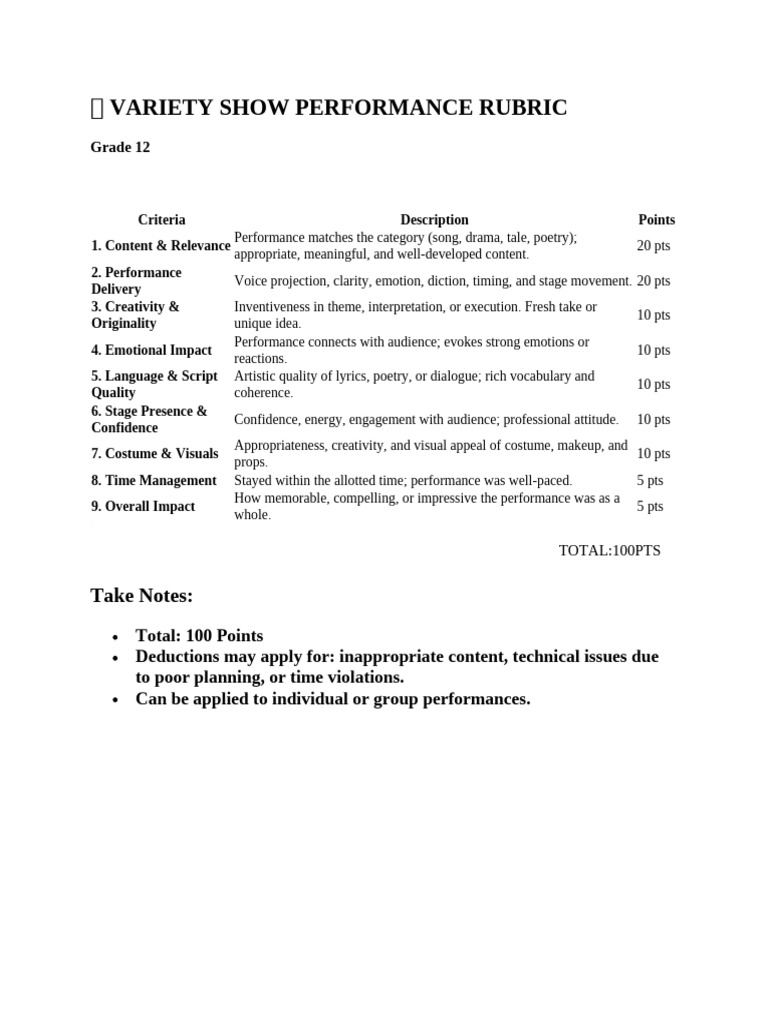 Variety Show Performance Evaluation Rubric | PDF