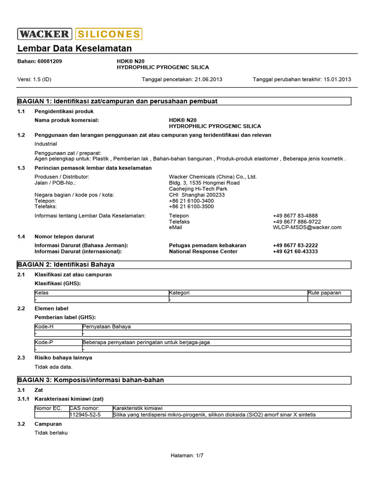 Lembar Data Keselamatan HDK® N20 Silika | PDF