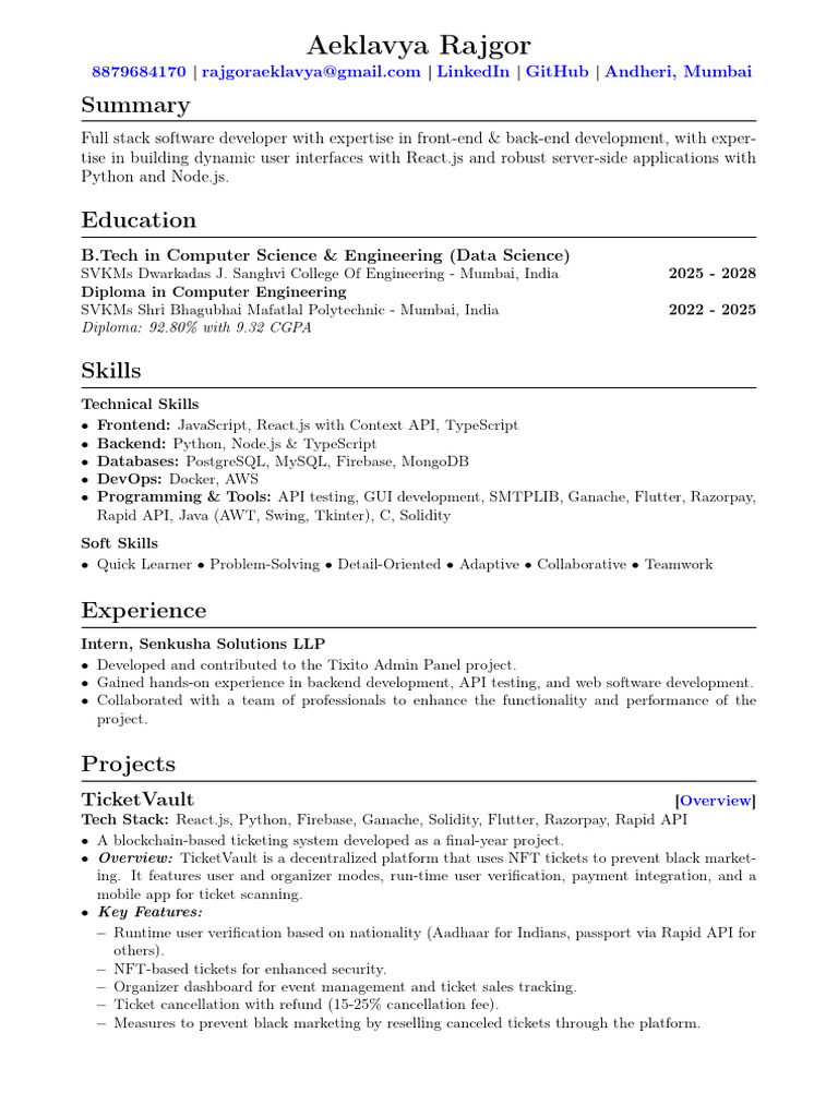 AeklavyaResume_1 | PDF | Computing | Software Engineering