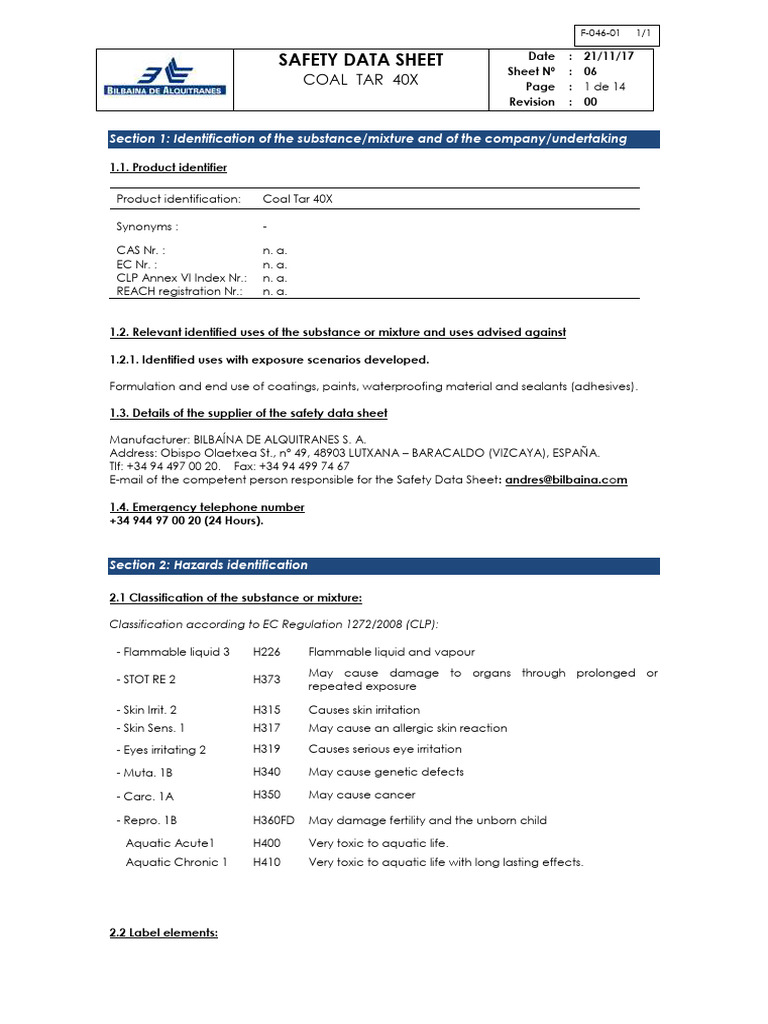 Coal Tar 40X Safety Data Sheet | PDF | Toxicity | Carbon Dioxide