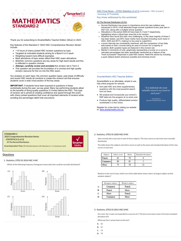 HSC Revision: Normal Distribution Focus | PDF | Standard Deviation ...
