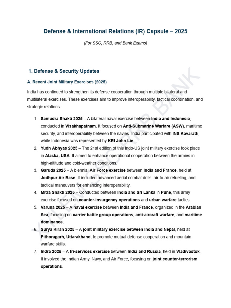 Defense & IR Capsule for SSC RRB 2025 | PDF