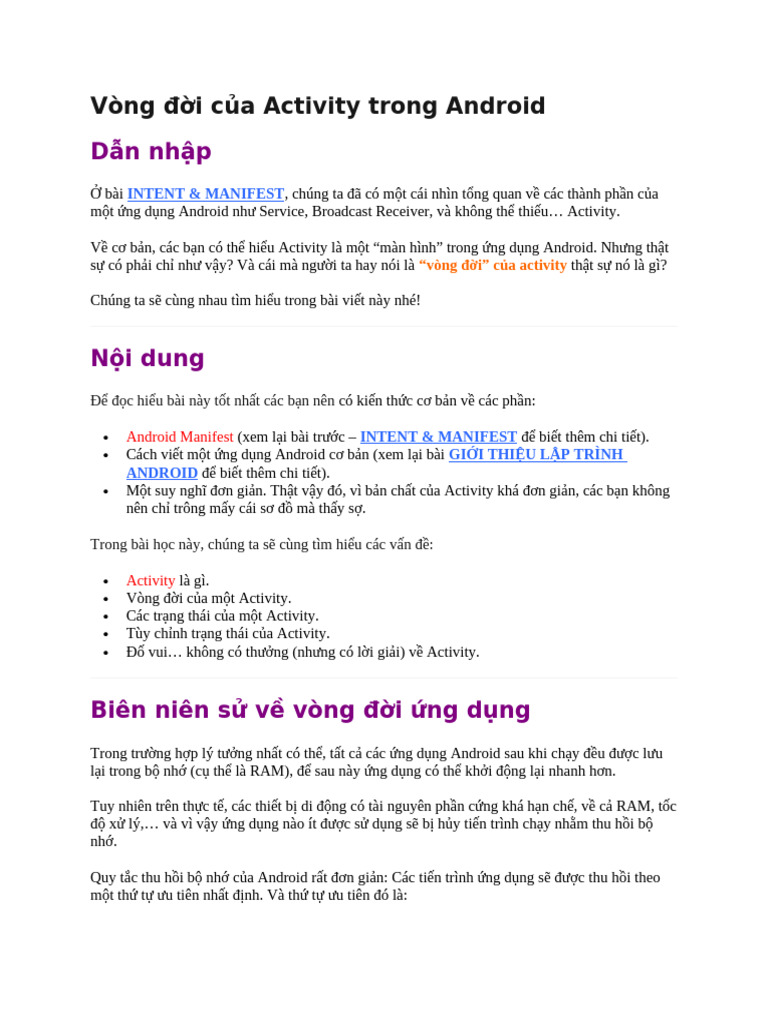 Vòng Đ I C A Activity Trong Android | PDF
